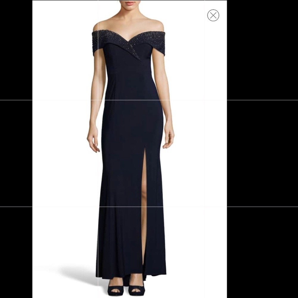 Embellished Off the Shoulder Gown Navy Blue